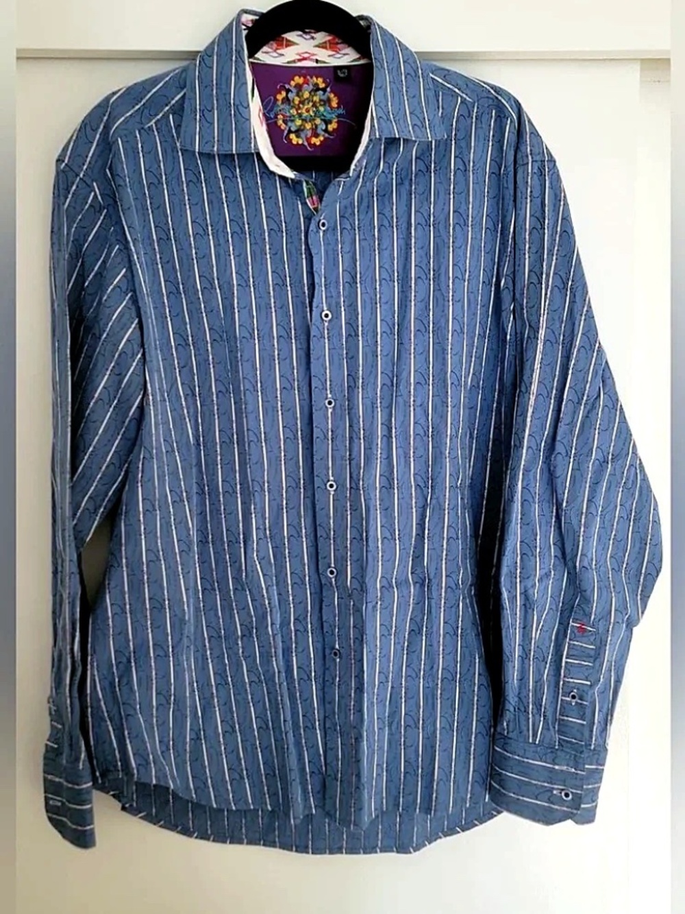 Robert Graham Blue Striped Button Down Shirt Colorful Contrast Trim Cuffs
